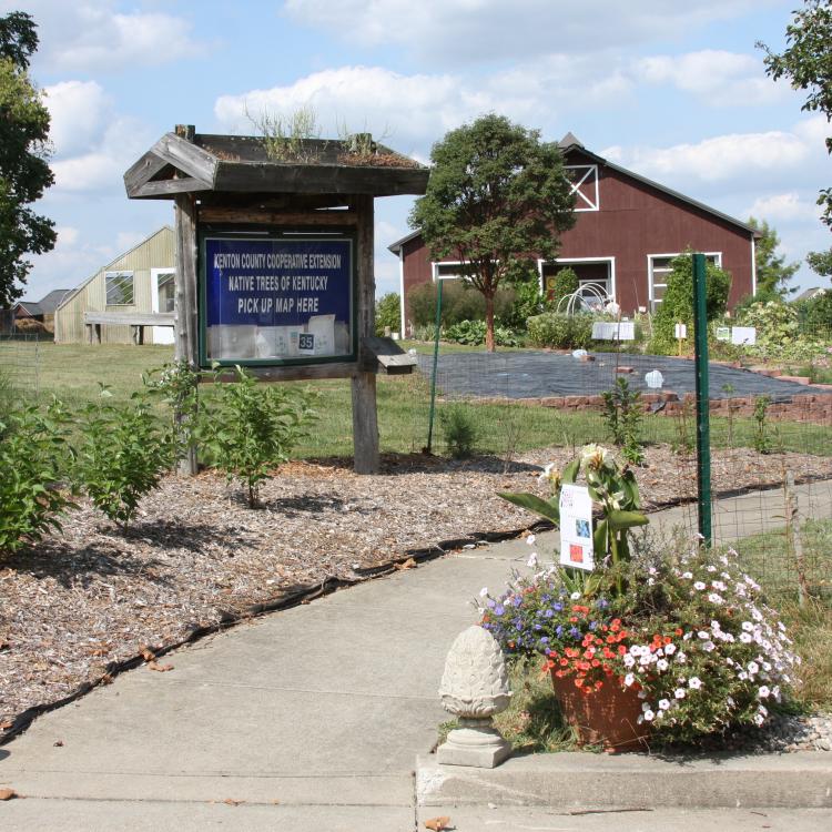  Image of the Outdoor Education Center Barn located at the Main Office. Shows a walkway leading to the barn with garden on either side. 